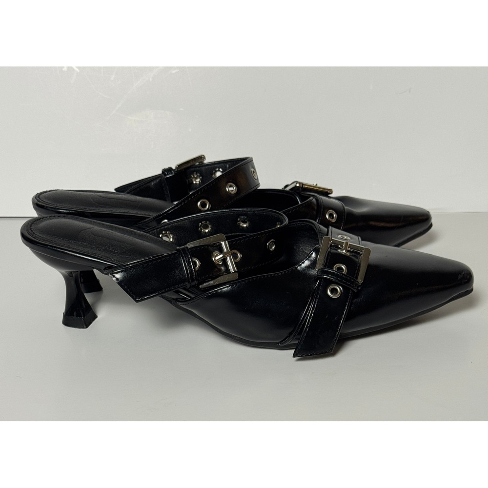 Black Pointed Toe Double Buckle Grommet Kitten Heel Mules EU 39 US 8-8.5